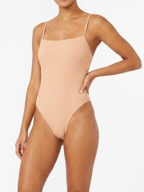 Topshop Nude Ribbed Square Neck One-Piece Swimsuit Classic High-Cut Size 8 NWT